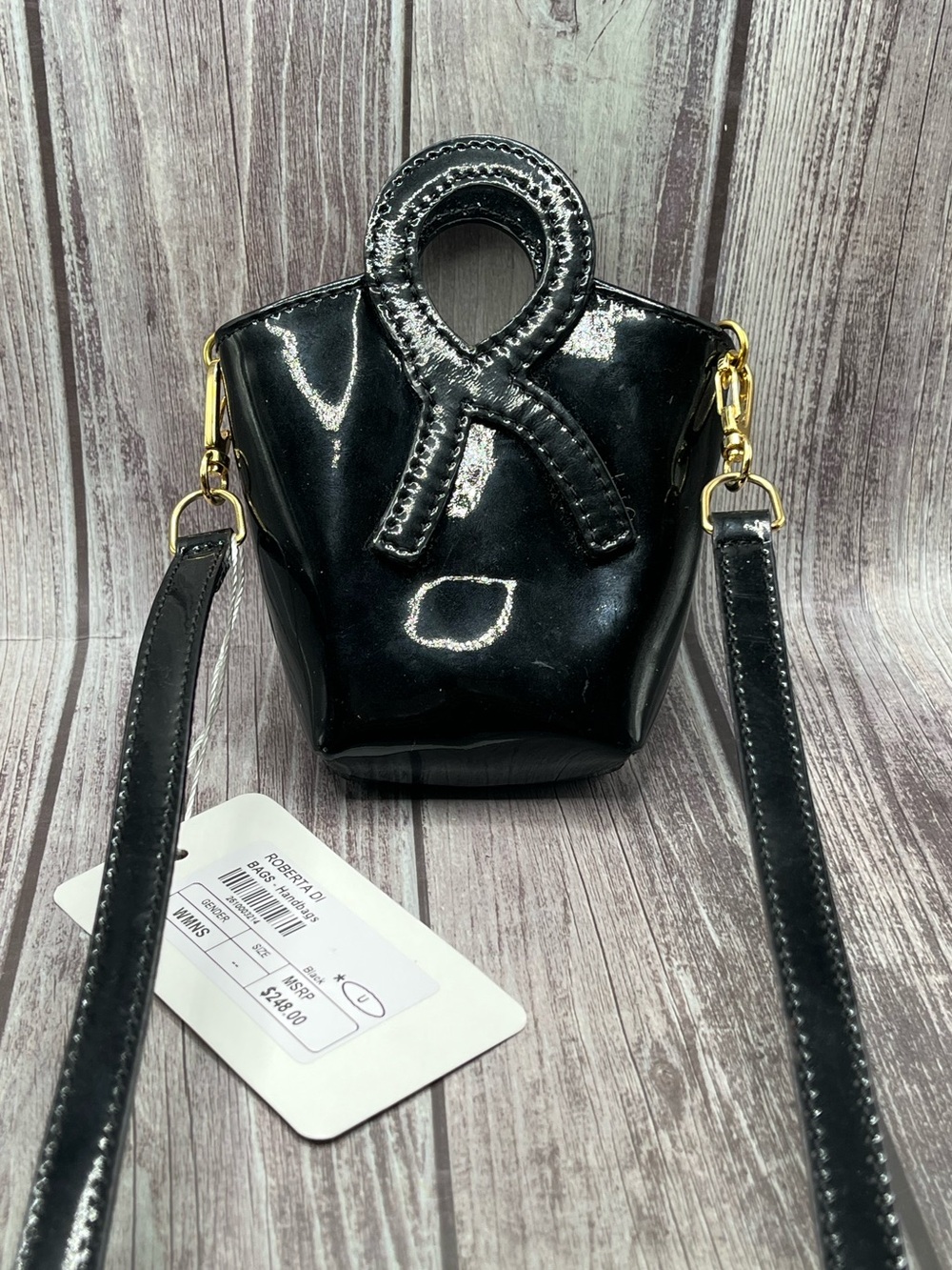 NWT Roberta di Camerino Black Patent Glossy Mini Bucket Bag Micro Crossbody